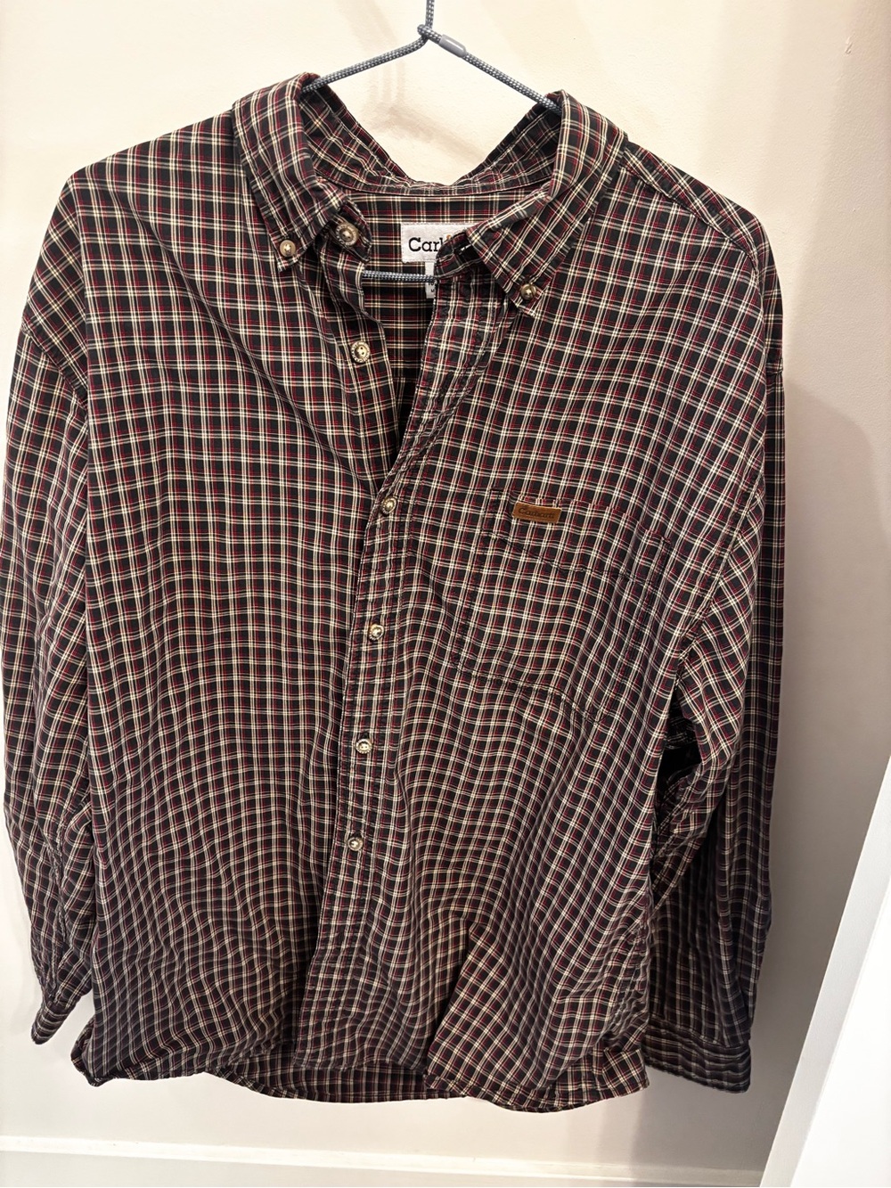 Carhartt Men’s Brown and Green Plaid Button-Down Shirt
